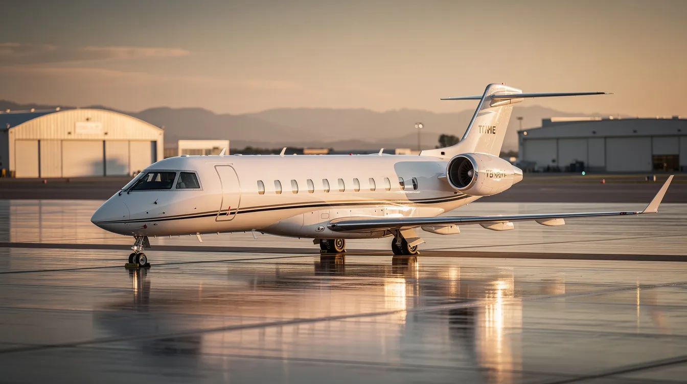 The image depicts a sleek private jet parked on a tarmac, showcasing its spacious cabin and modern design, ideal for private aviation enthusiasts. This visual highlights the luxury and comfort associated with private jet travel, emphasizing the benefits of private jet chartering.