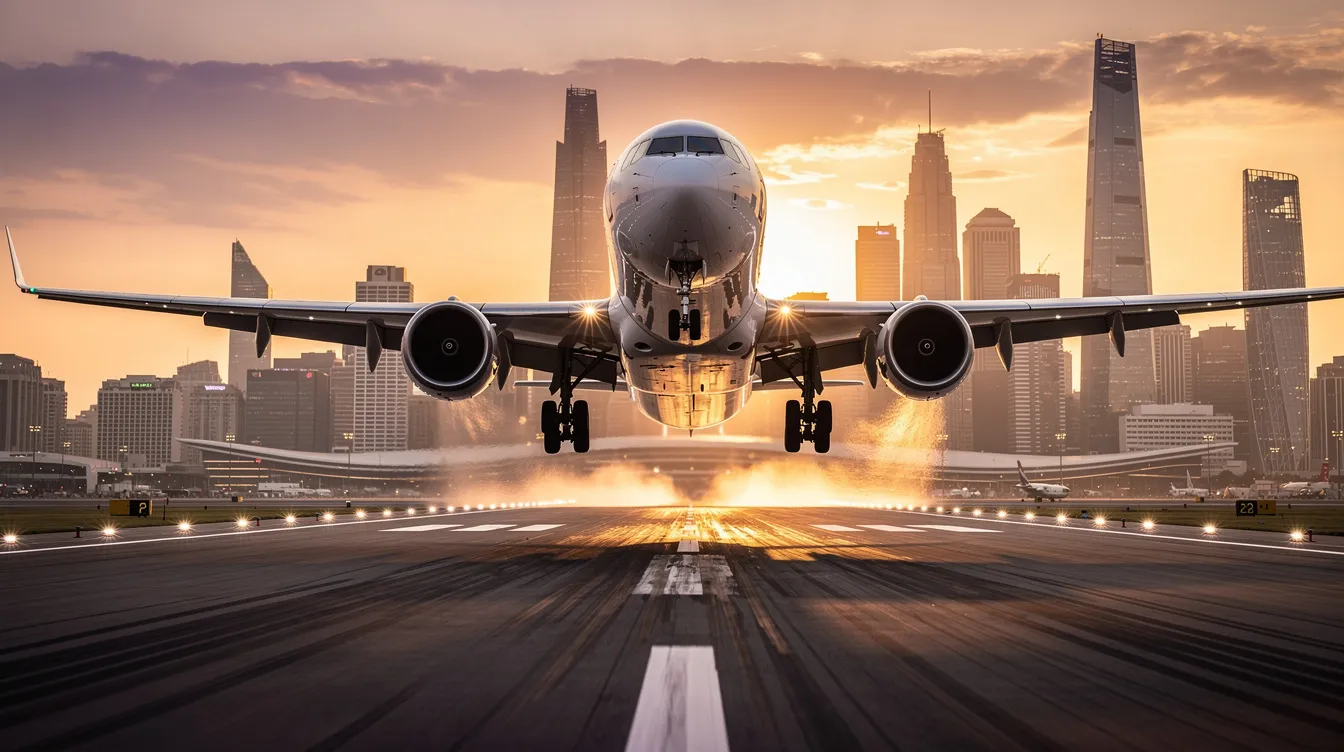 A modern wide-body jet airliner is taking off from a runway at sunset, with a vibrant city skyline in the background. This scene captures the essence of commercial aviation and air travel, showcasing the aircraft's impressive design and the beauty of the evening sky.