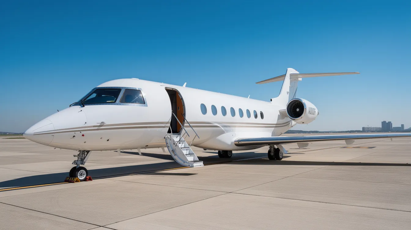 A sleek modern private jet is parked on a tarmac with its door open and stairs extended, set against a clear blue sky. This aircraft represents the advancements in aviation technology, showcasing the luxury of contemporary air travel.