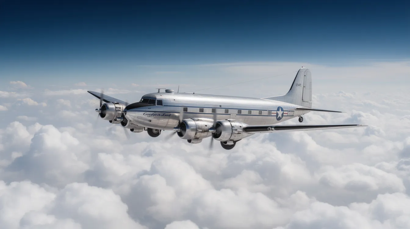 A classic silver four-engine propeller airliner is soaring above fluffy white clouds in a clear blue sky, representing the elegance of early commercial aviation. This vintage aircraft, reminiscent of the first commercial flights, showcases the charm of classic jet airliners in flight.
