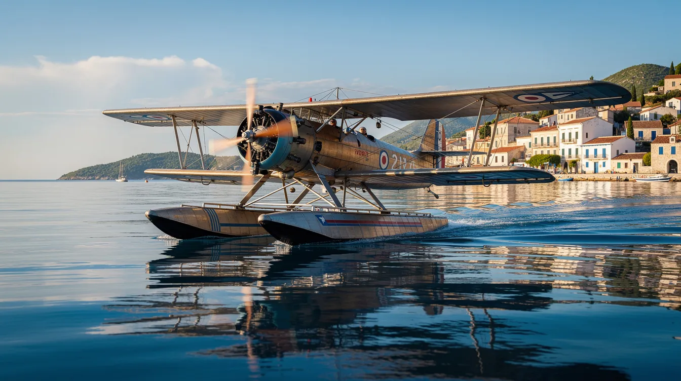 A vintage biplane flying boat glides gracefully over calm blue water, with a picturesque coastal town visible in the background, evoking the early days of commercial aviation. The scene captures a moment reminiscent of the first commercial flights, showcasing the charm of historic aircraft.