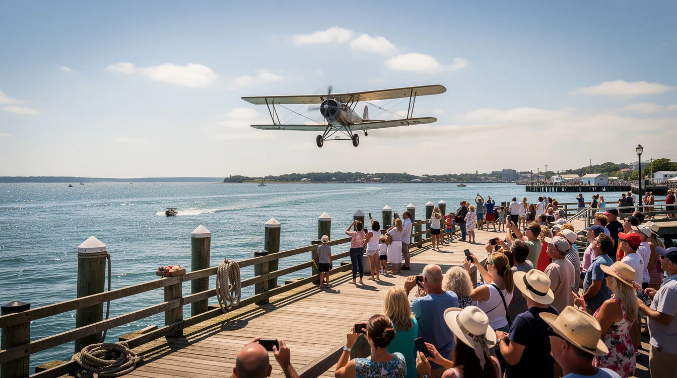 A large crowd gathers on a waterfront pier, watching a small biplane take off over the water on a sunny day, evoking the spirit of early aviation. The scene captures the excitement of flight as onlookers witness this small aircraft take to the skies, reminiscent of the first commercial flights that paved the way for modern air travel.