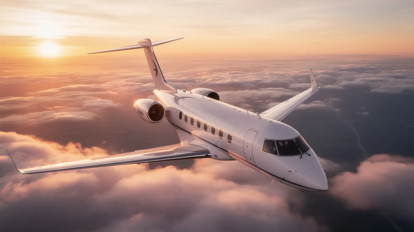 The image depicts a sleek private jet parked at a small regional airport, showcasing its luxurious design and spacious stand-up cabin. It represents the essence of private aviation, highlighting the convenience and comfort of flying privately, including aspects like private jet charter costs and the benefits of owning a private plane.