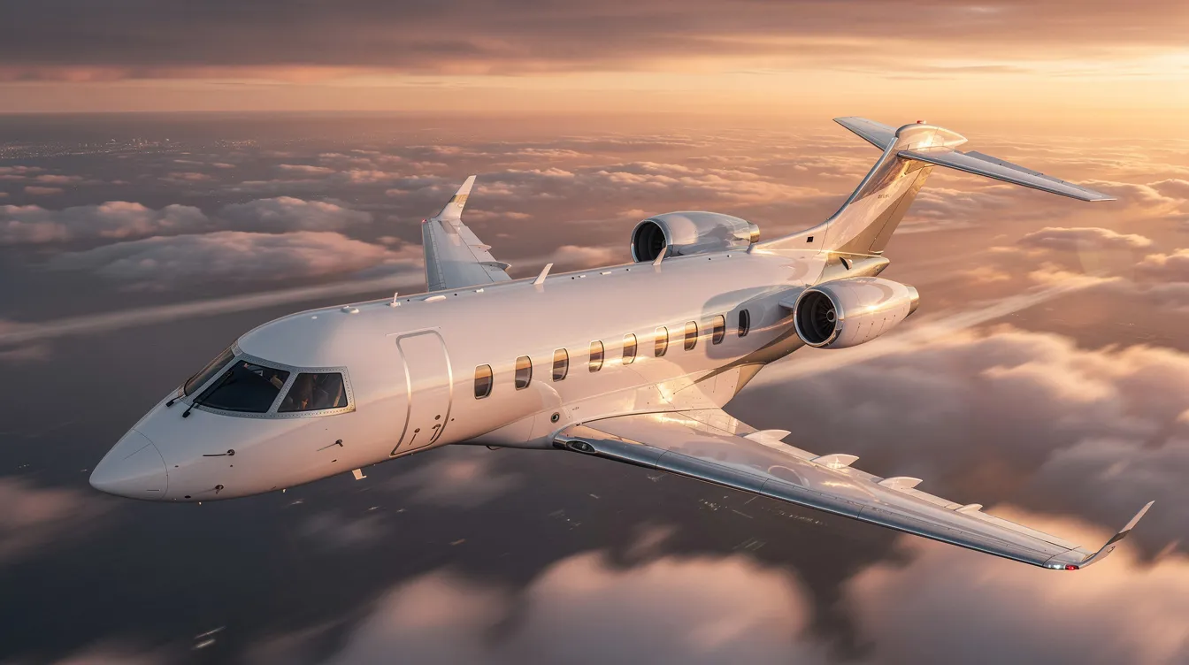 The image depicts a sleek private jet parked on a tarmac, showcasing its luxurious design and spacious cabin. This private aircraft represents the epitome of private aviation, ideal for those considering private jet travel or chartering a private jet for their next journey.