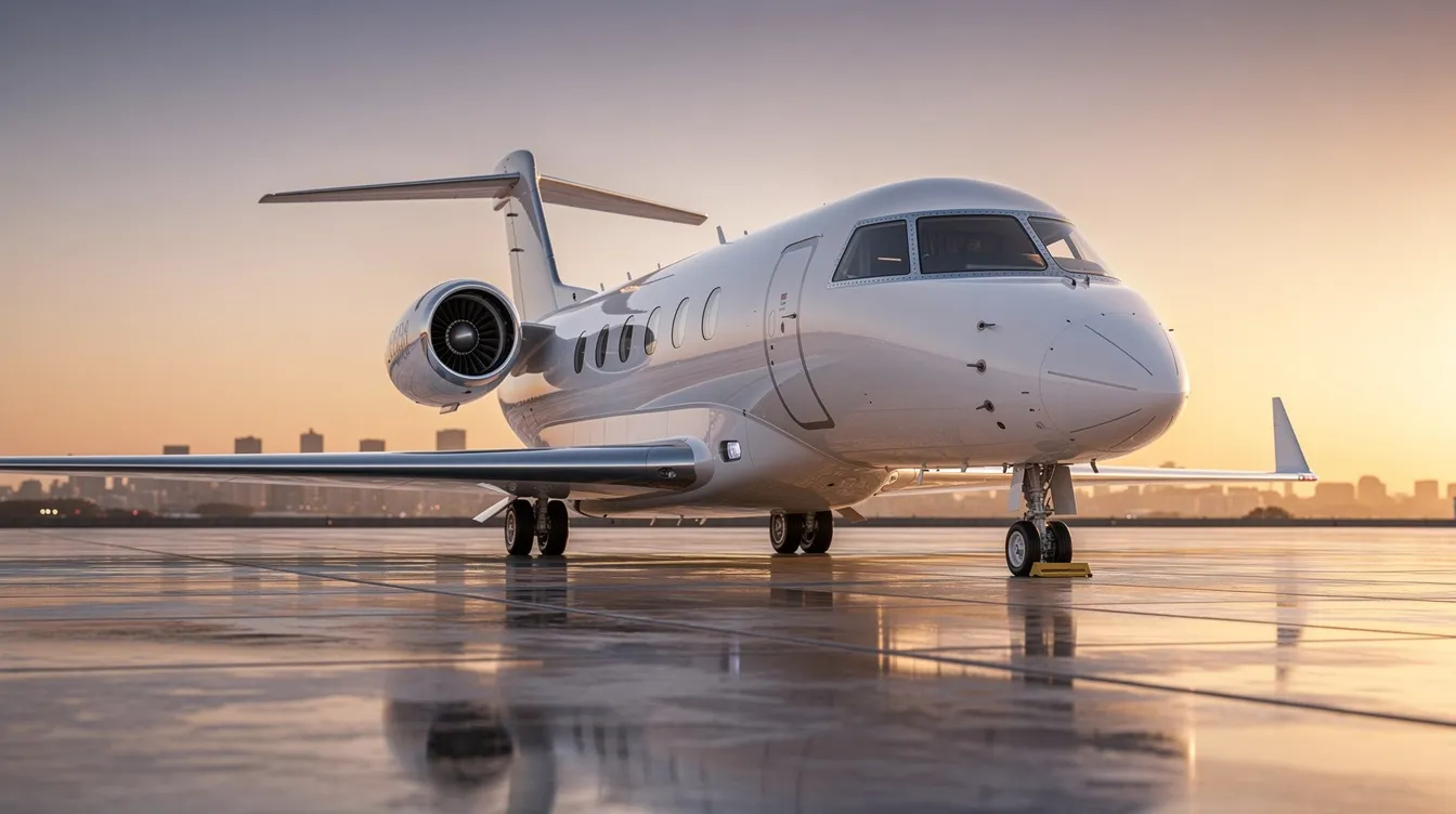 The image depicts a sleek private jet parked on a tarmac, showcasing its luxurious design and spacious cabin. This private aircraft represents the epitome of private aviation, ideal for those considering private jet travel or chartering a private jet for their next journey.