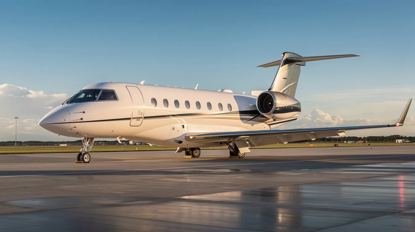 The image depicts a luxurious private jet, elegantly set up for a birthday celebration with gourmet catering and custom décor, accommodating a small group of family members and friends. This exclusive setting offers a spacious cabin, perfect for enjoying a memorable experience while flying private to a surprise birthday getaway.
