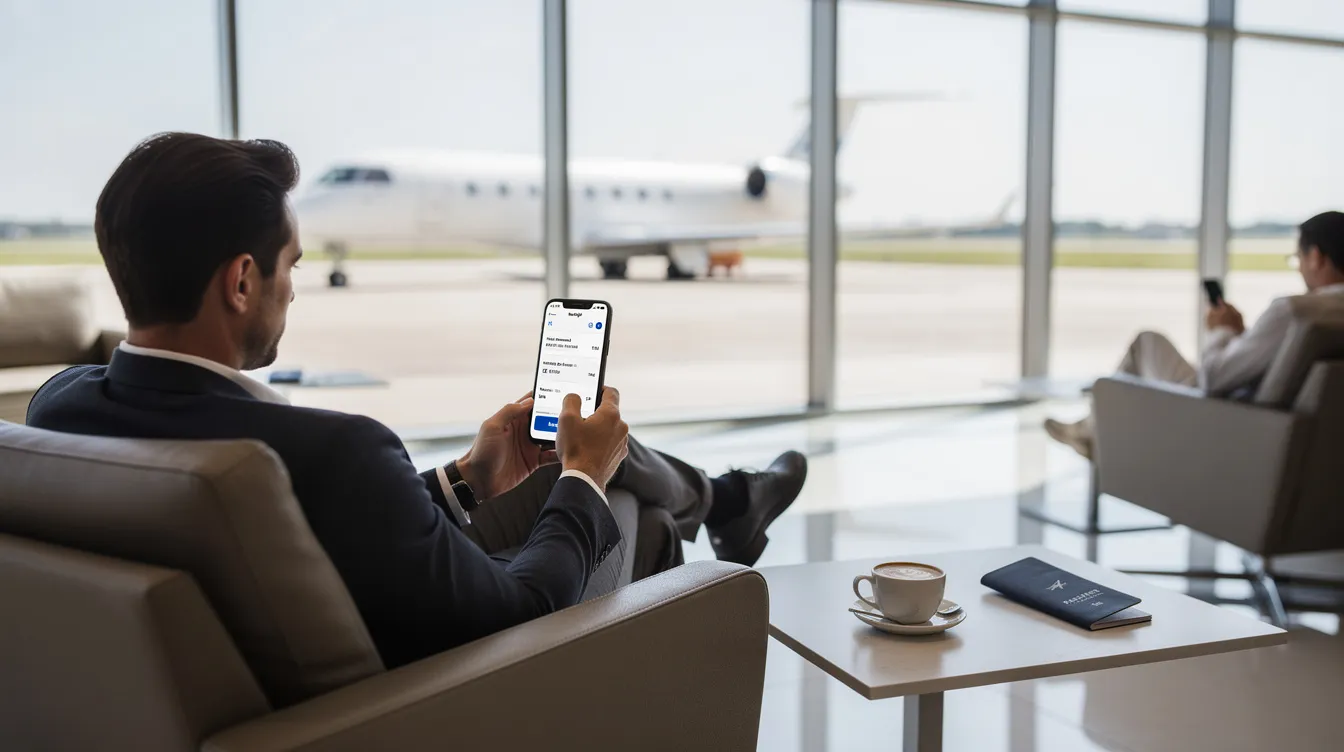 A person is seated in a modern airport lounge, holding a smartphone that displays a flight booking screen, while a luxurious private jet is visible through the window, suggesting the excitement of planning a private jet birthday party or getaway. The scene captures the essence of exclusive travel and personalized service in a stylish setting.