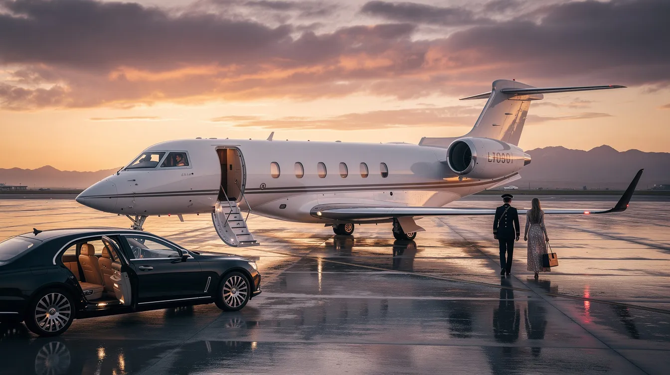The image depicts a luxurious private jet interior, elegantly decorated for a surprise birthday party, complete with gourmet catering and personalized service for a small group of family members. The spacious cabin showcases an exclusive setting, ideal for celebrating special occasions in style while flying private.