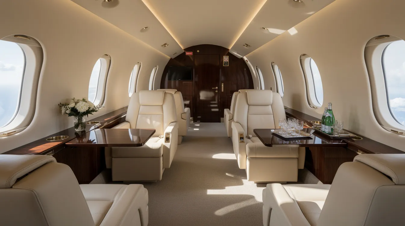 The image depicts the interior of a spacious large-cabin private jet, featuring plush leather seats arranged along a wide aisle, emphasizing the luxury and comfort of private aviation. This setting highlights the opulence associated with private jet travel, making it ideal for discerning travelers seeking an exquisite flying experience.