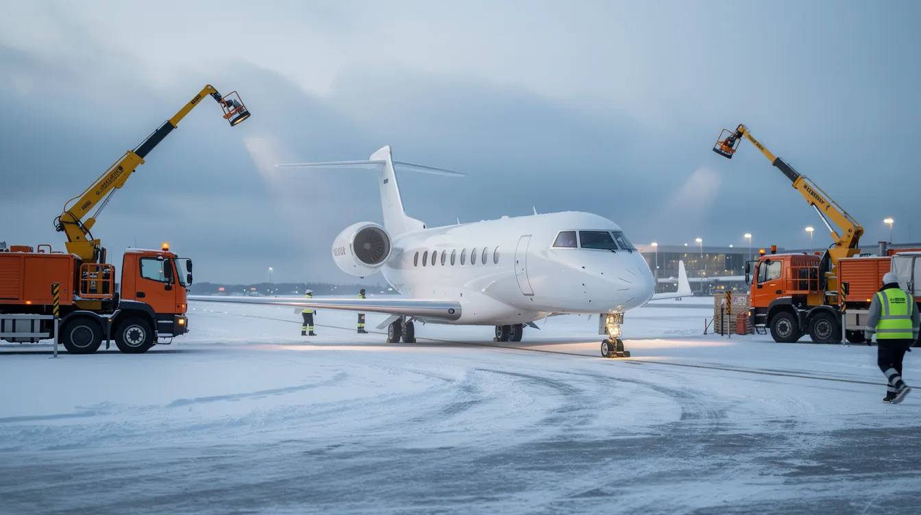A luxury private jet sits on a snowy tarmac, being prepared for departure, with deicing equipment stationed nearby. This scene highlights the meticulous care involved in private jet travel, ensuring safe and comfortable flights for private jet travelers.