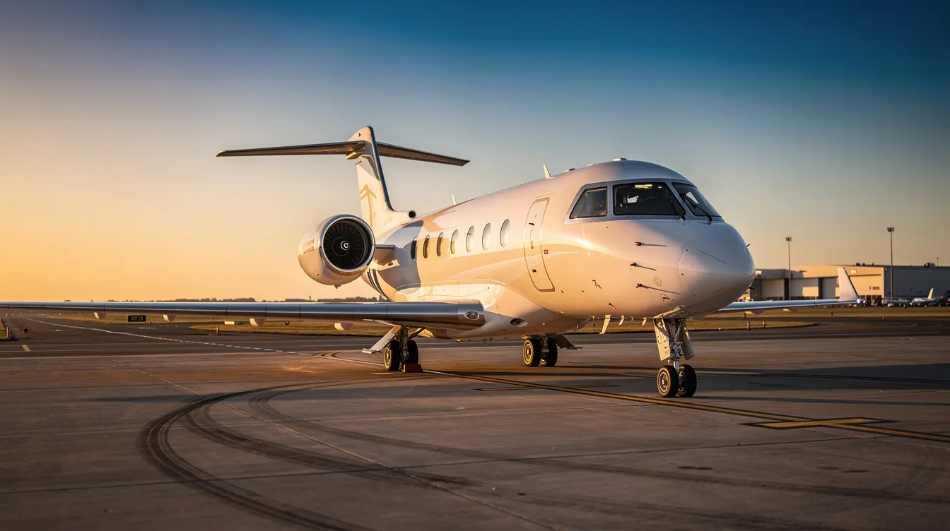 A sleek modern private jet is parked on the tarmac during the golden hour, with a clear blue sky in the background, highlighting the luxury of private aviation. This image captures the essence of private jet travel, showcasing an aircraft that symbolizes comfort and exclusivity.