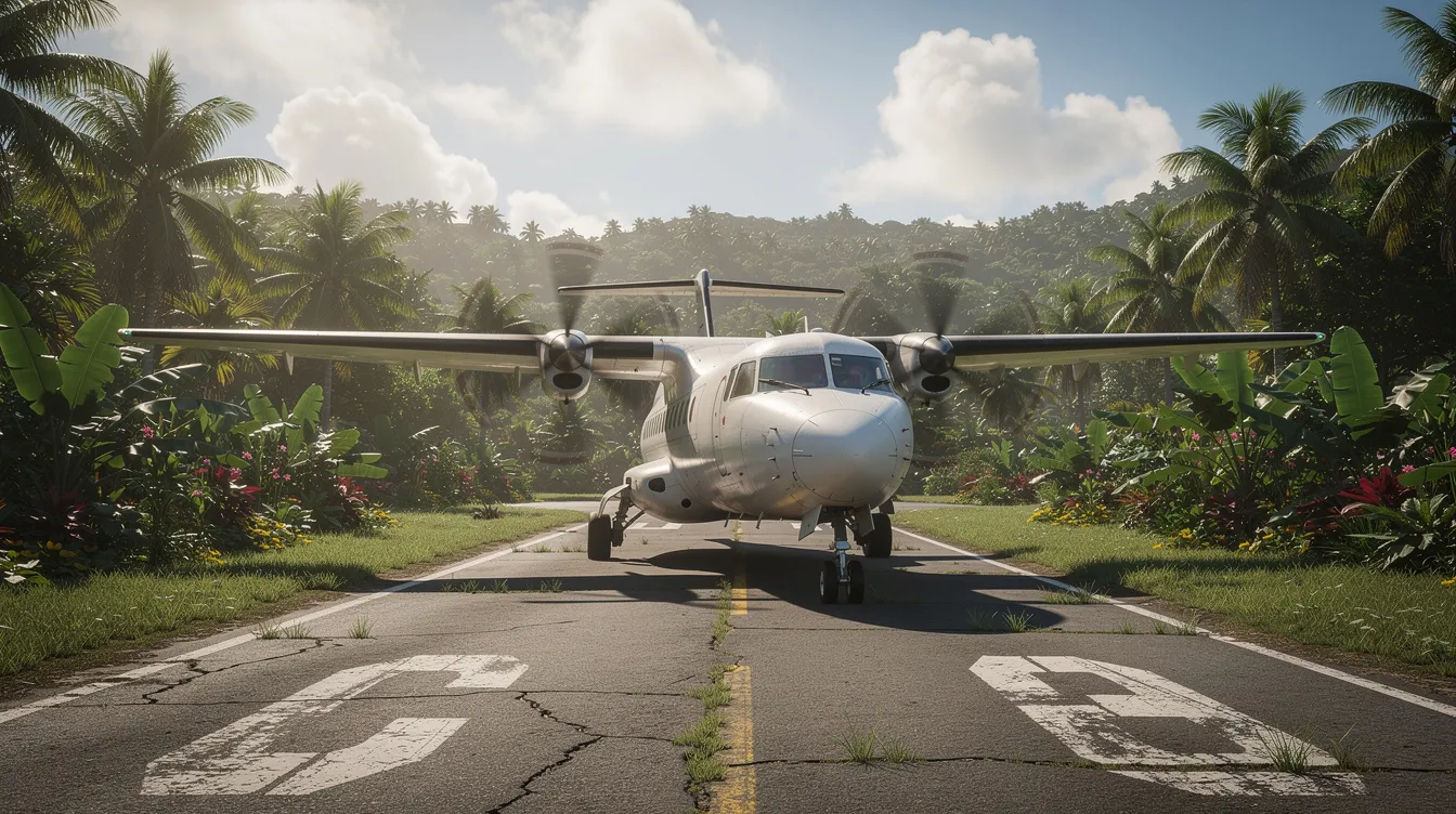 A turboprop aircraft is parked on a small regional runway, surrounded by lush tropical vegetation, showcasing the charm of private aviation. This scene highlights the accessibility and appeal of chartering a private jet in picturesque locations.