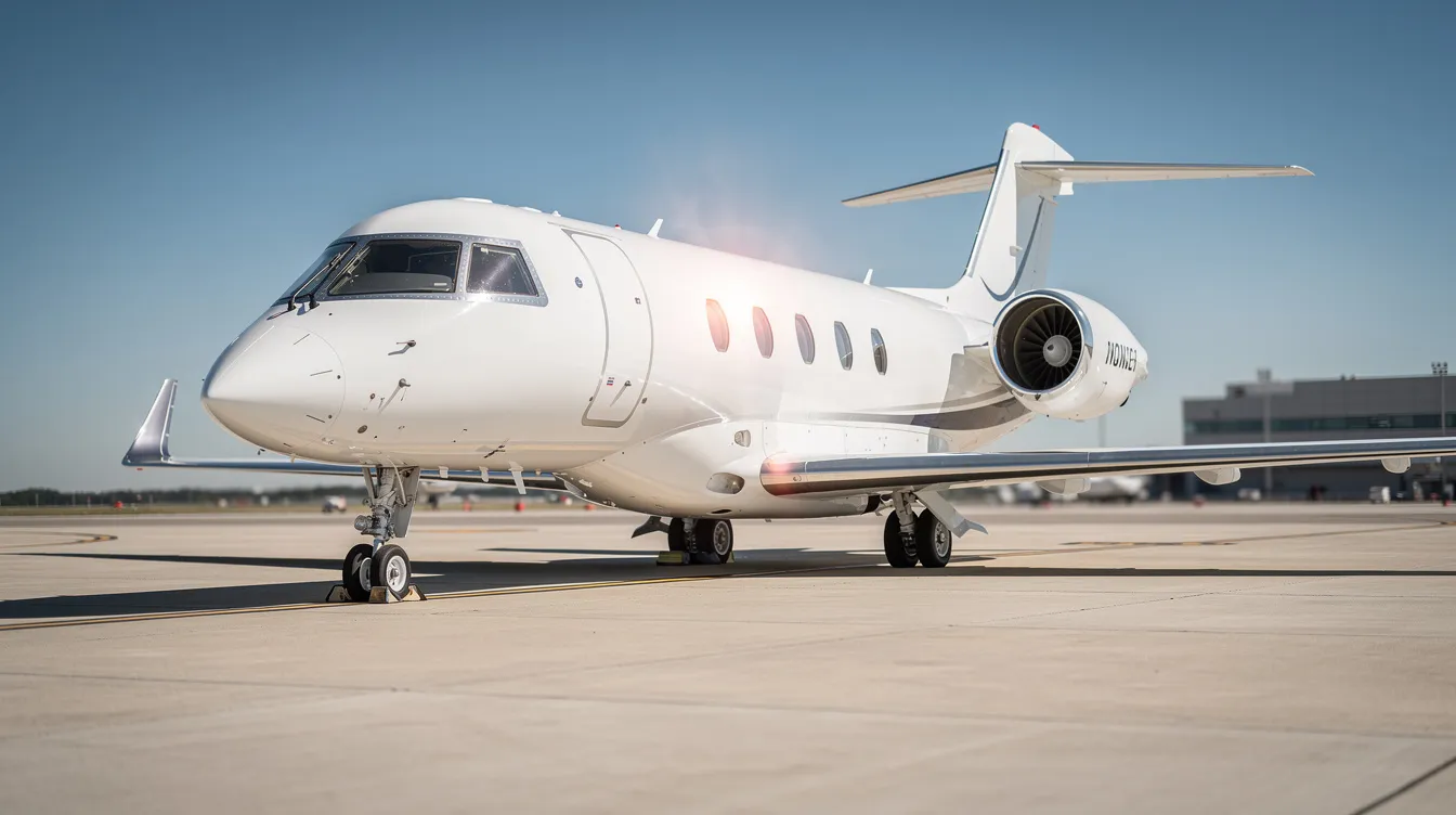 A sleek white private jet is parked on a tarmac under a clear blue sky, showcasing its modern design and luxury. This aircraft represents the high-end travel experience often associated with airlines like JetBlue, ideal for those seeking comfort and style in their flights.