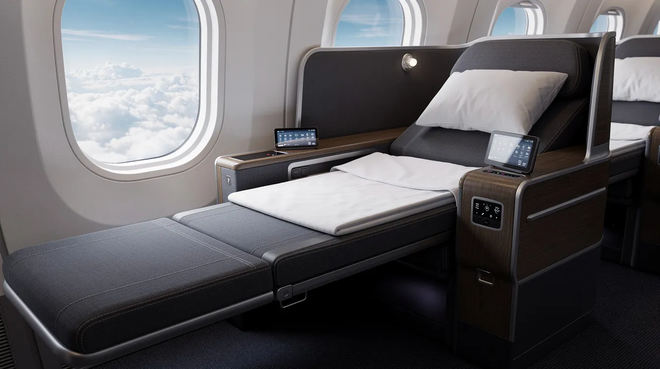 The image depicts a lie-flat airplane seat in a business class cabin, featuring luxurious leather upholstery and ample legroom, with a window showcasing fluffy clouds outside. This comfortable setting is ideal for passengers flying on JetBlue Airways, enjoying their travel experience on transatlantic flights.