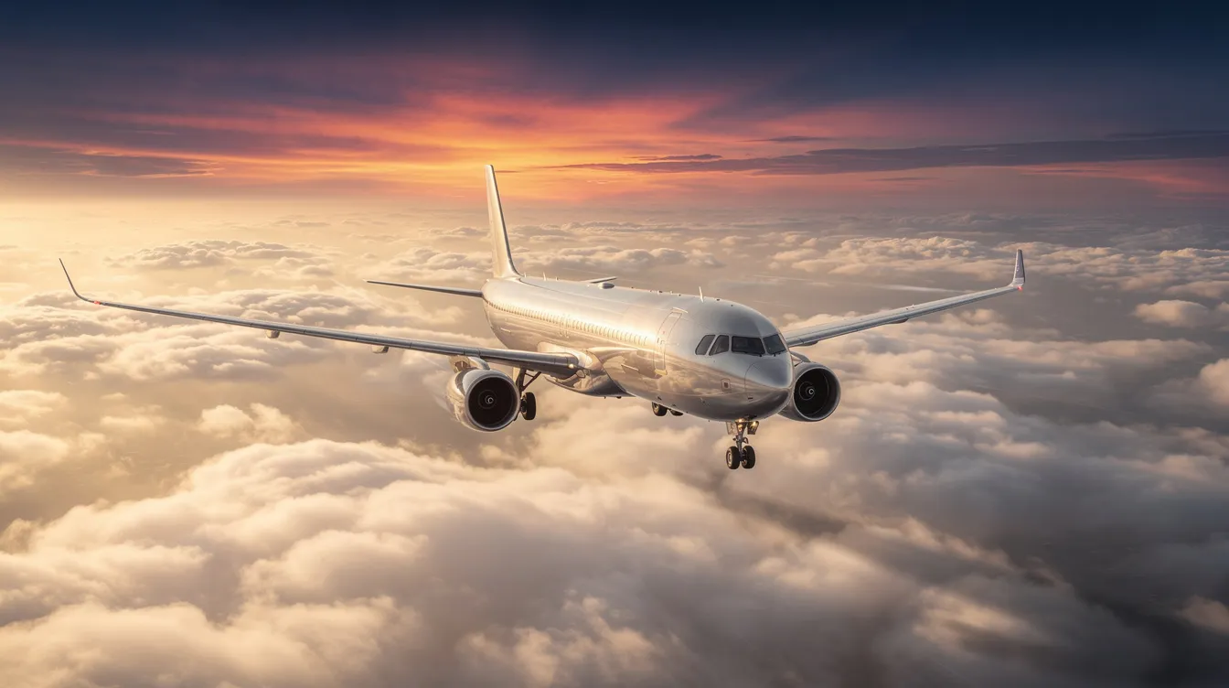 A commercial airplane, representing JetBlue Airways, soars above fluffy clouds with a vibrant sunset in the background, creating a picturesque travel scene. The image captures the essence of flying, evoking the excitement of jetting off to various destinations like New York's JFK Airport or Latin America.