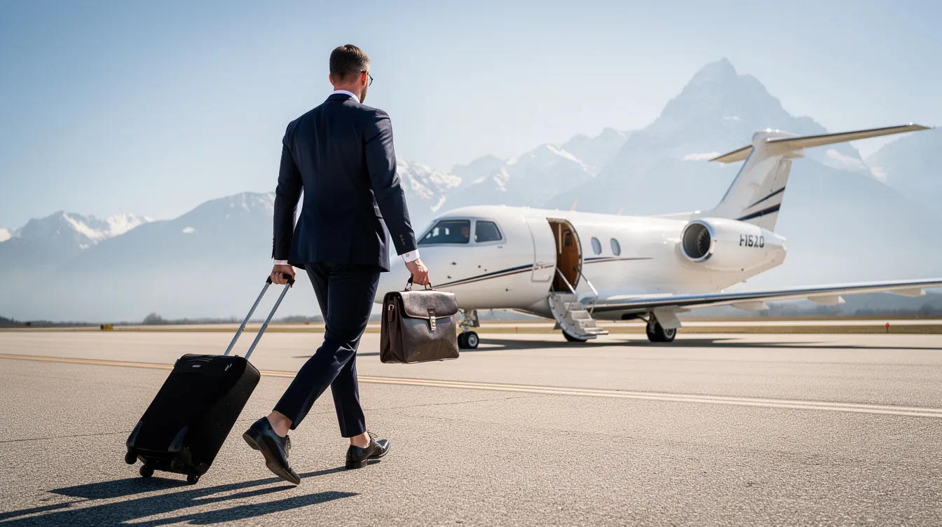 A business traveler is walking toward a small private jet on a sunny runway, with majestic mountains in the background. This moment captures the essence of luxury travel, ideal for those looking to book jet airways flights for their journey.