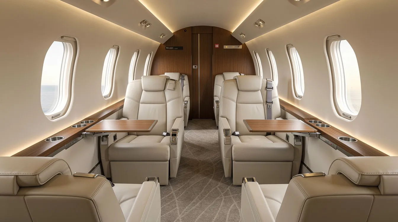 The image showcases the interior of a modern midsize private jet cabin, featuring cream leather seats and soft ambient lighting, creating a luxurious and comfortable atmosphere for passengers. This elegant space is ideal for travelers seeking a premium experience while flying, reminiscent of jet airways flights to international destinations like Abu Dhabi or Singapore.