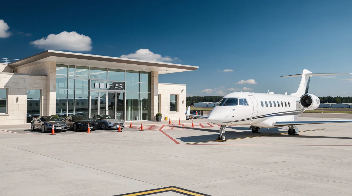 The image depicts a small private terminal building with a sleek business jet parked outside, basking in the sunlight on a clear day. This setting suggests a hub for international travel, where successful candidates may prepare for their upcoming trips and complete necessary documents for their journey.