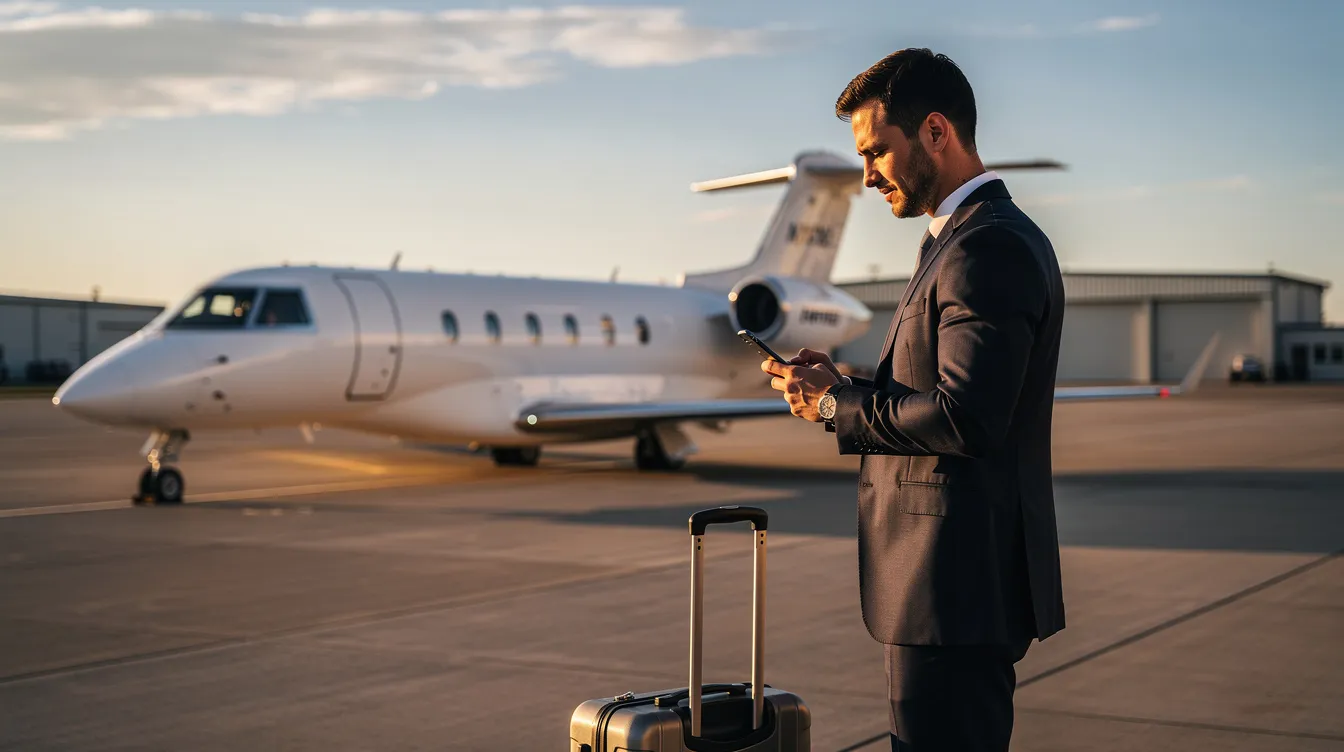 A business traveler is seen using a smartphone while standing near a private jet at a small airport, preparing for international travel. The scene captures the essence of modern jet programs, highlighting the importance of documents and processes for successful candidates embarking on their journeys.