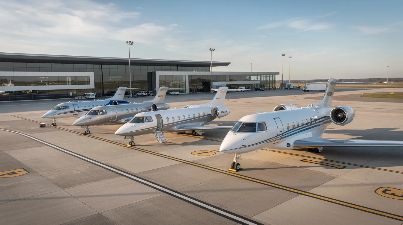 The image shows several private jets of varying sizes parked side by side at an aviation facility, highlighting the luxurious options available for international travel. These jets represent a jet program that offers successful candidates a unique way to access locations around the world.