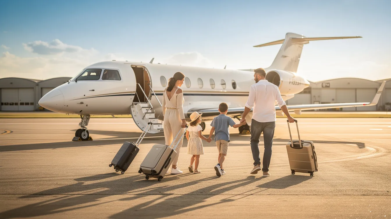 A young family, including parents and children, is walking towards a private jet on a sunny runway, carrying luggage and looking excited for their upcoming international travel. The scene captures the essence of adventure and preparation, as they embark on a trip that may involve important documents like passports and visas.