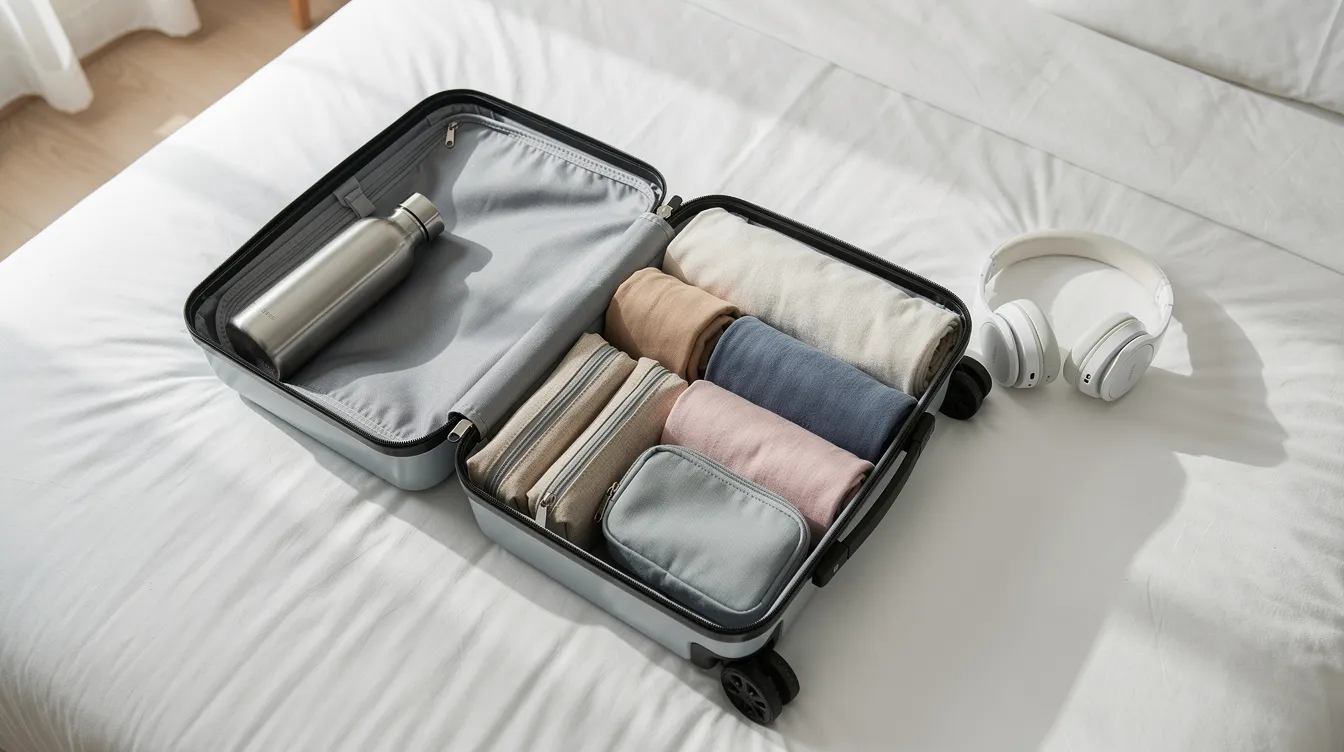 An open carry-on suitcase is neatly organized on a bed, showcasing rolled clothes, a water bottle, headphones, and a small toiletry pouch, perfect for travelers preparing for their flight. This setup reflects good airplane etiquette, ensuring everything is easily accessible for the next flight.