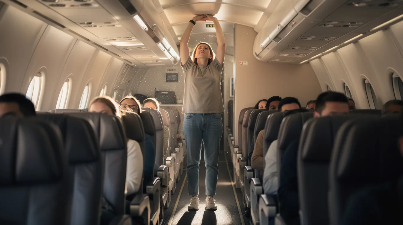 A person is standing and stretching in the aisle of an airplane cabin, taking a few deep breaths while natural light streams through the windows. Passengers seated in the nearby airplane seats watch as they attempt to relieve some tension during the flight.