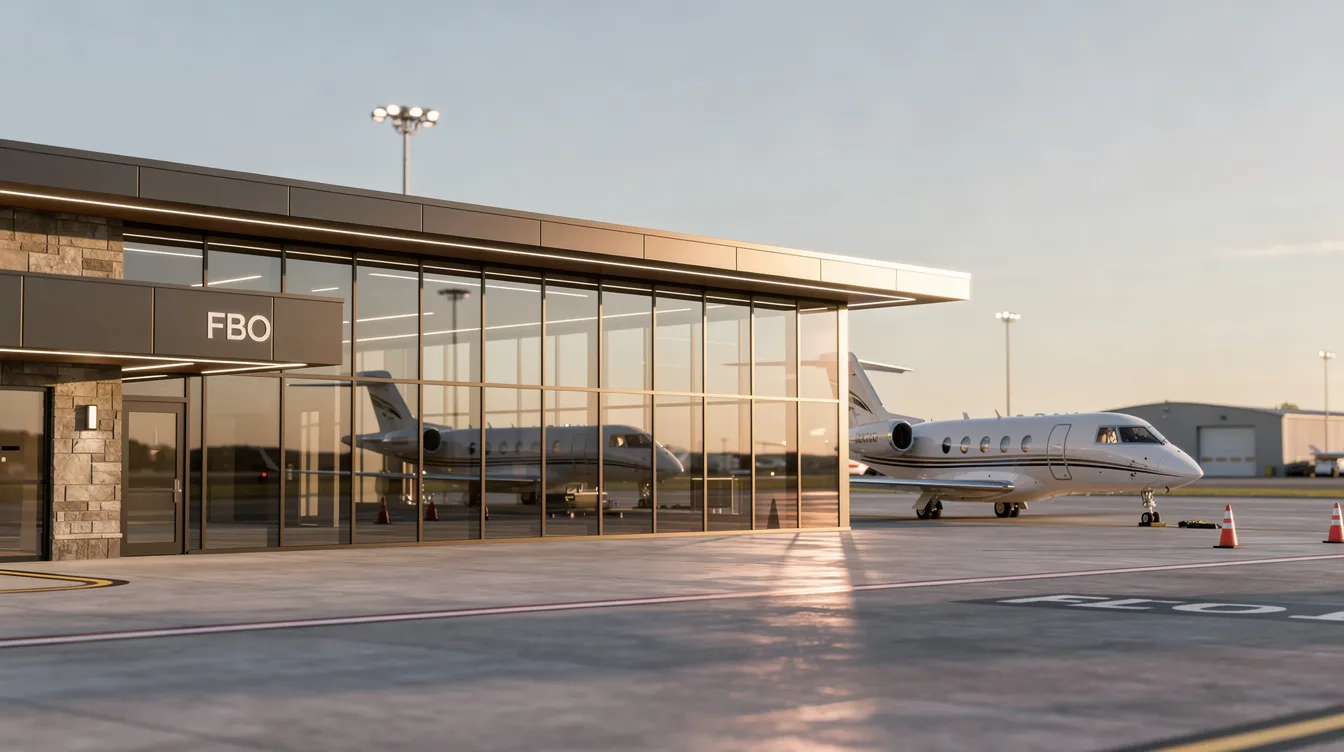 The image shows a modern fixed-base operator terminal with sleek glass walls, where a small private jet is parked on the ramp behind it, ready for travelers to board for their next flight. The design emphasizes a contemporary aesthetic, reflecting the efficiency and comfort expected by passengers and crew alike.