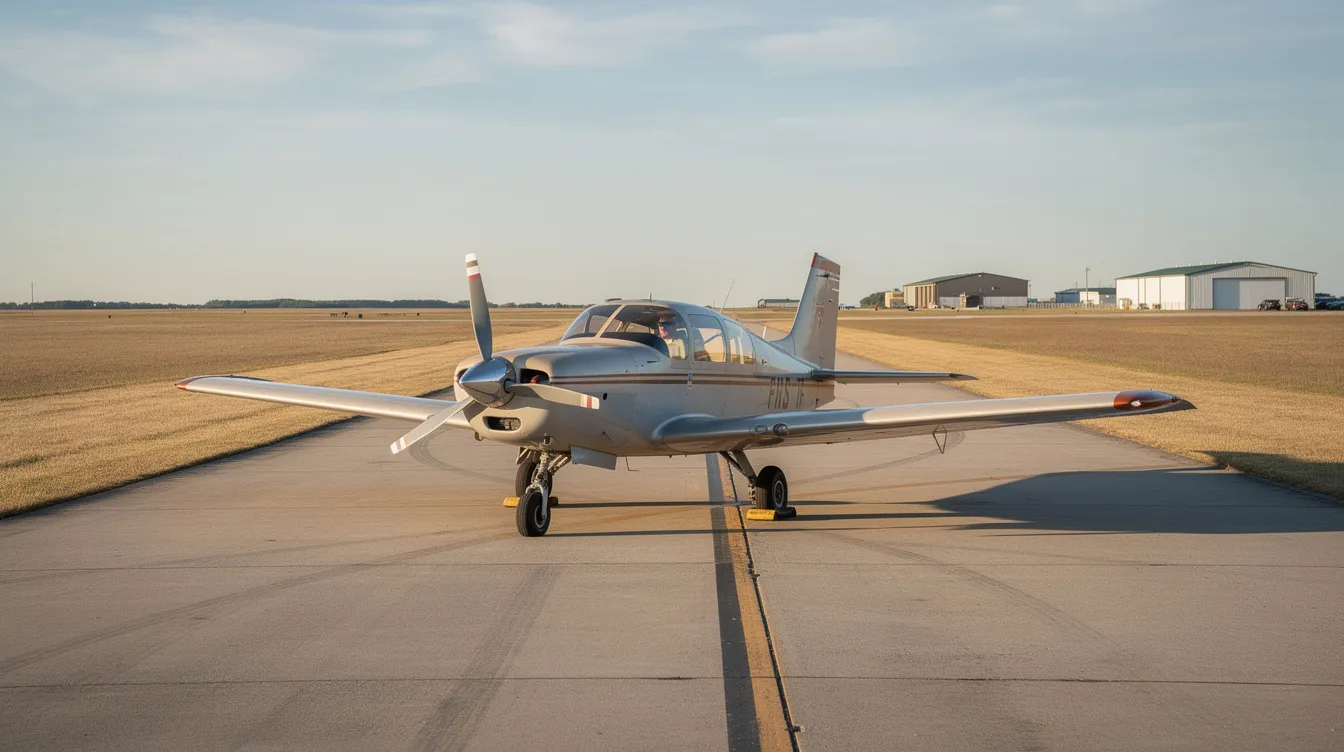 A small single-engine aircraft is parked on a concrete runway at Limon Municipal Airport, surrounded by flat terrain typical of rural Colorado. The scene reflects a tranquil atmosphere, showcasing the airport's fair condition and basic facilities.
