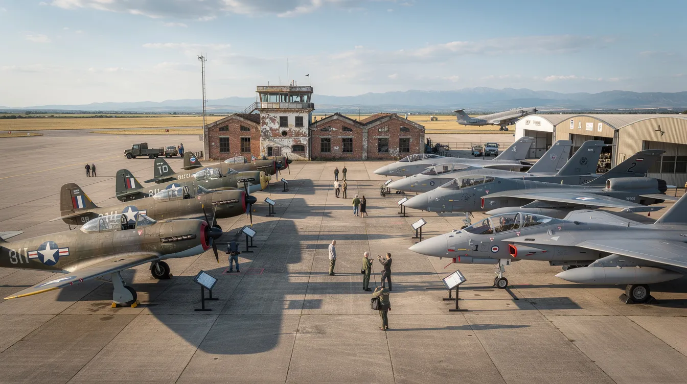 The image depicts the historic RAF Fairford airfield in Gloucestershire, England, showcasing a striking display of vintage and modern aircraft side by side on a concrete apron. This European airfield, known for hosting significant military operations, features both heavy bombers and contemporary planes, illustrating the evolution of air force technology.