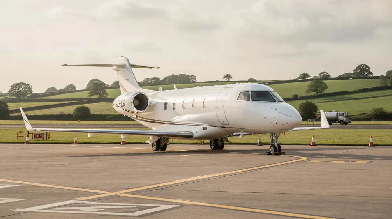 A small private jet is parked on the tarmac of a regional airport, with the picturesque rolling green English countryside in the background. This scene captures the serene atmosphere of an airfield in the United Kingdom, possibly near RAF Fairford.
