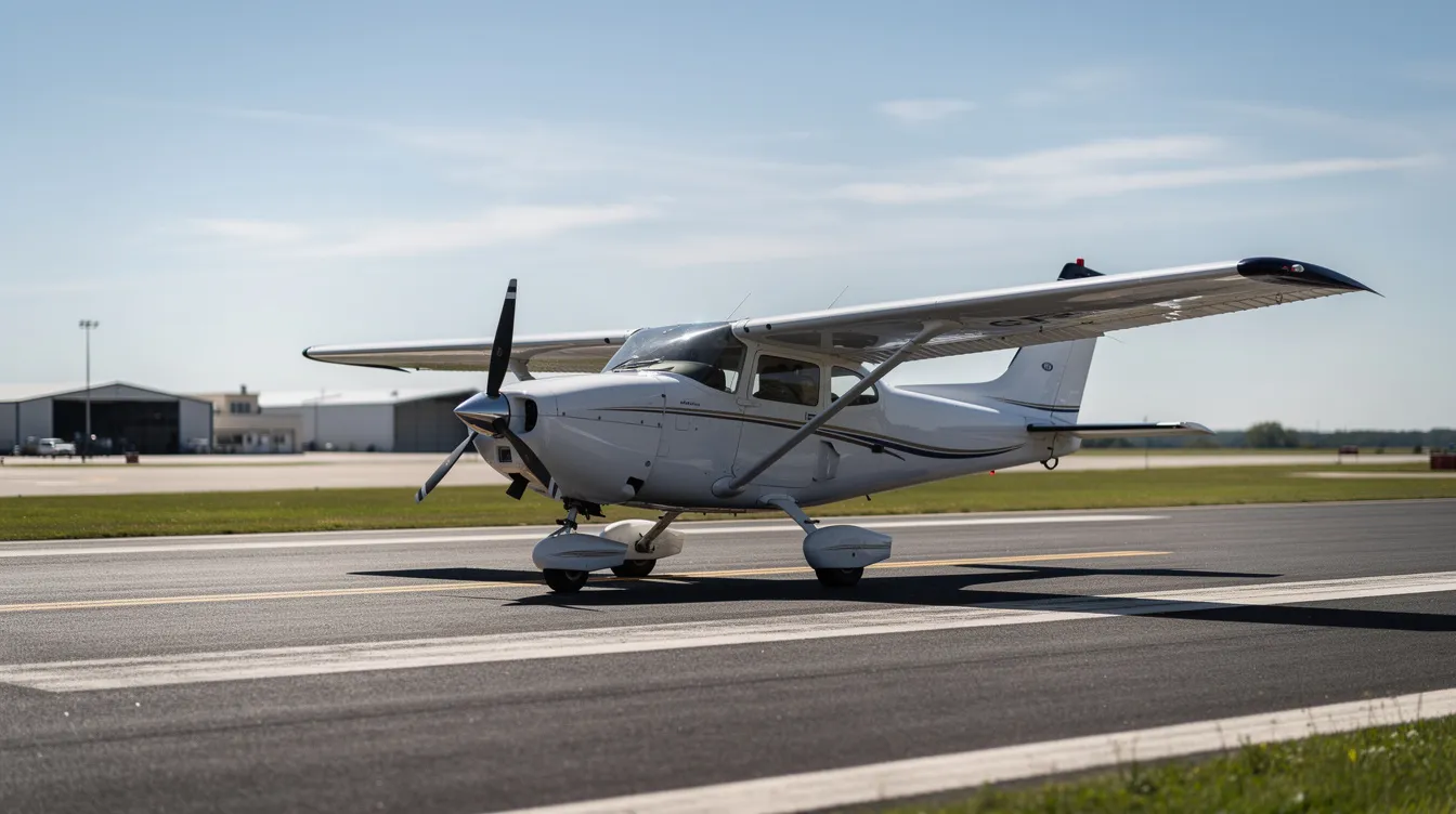 A small private aircraft is taxiing on an asphalt runway at Chatham Kent Airport in Ontario, Canada, under a clear blue sky. The scene captures the essence of regional aviation at CYCK, highlighting the aircraft's movement along the runway.