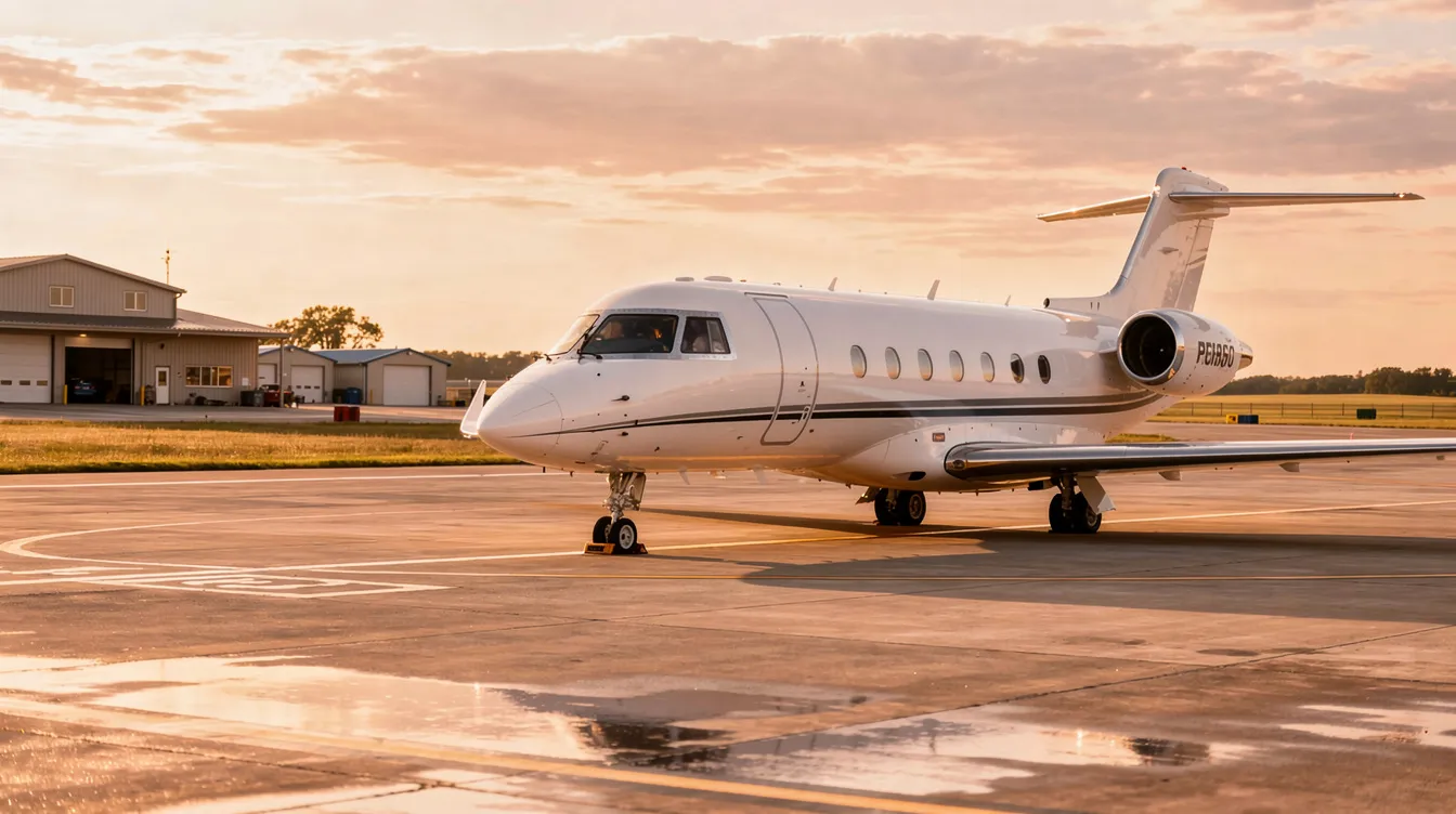 A private jet is parked on the tarmac at Chatham Kent Airport, with a flat landscape stretching out in the background. This small airport, located in Ontario, Canada, features a clear runway and is surrounded by open fields.