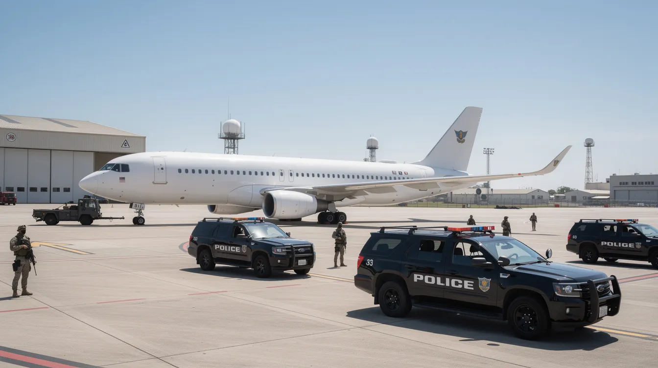 A large government aircraft is parked on a military airfield, surrounded by security vehicles, emphasizing its role in private aviation and military operations. The scene showcases the aircraft's impressive size and capability, reflecting its status as a key asset for the air force.
