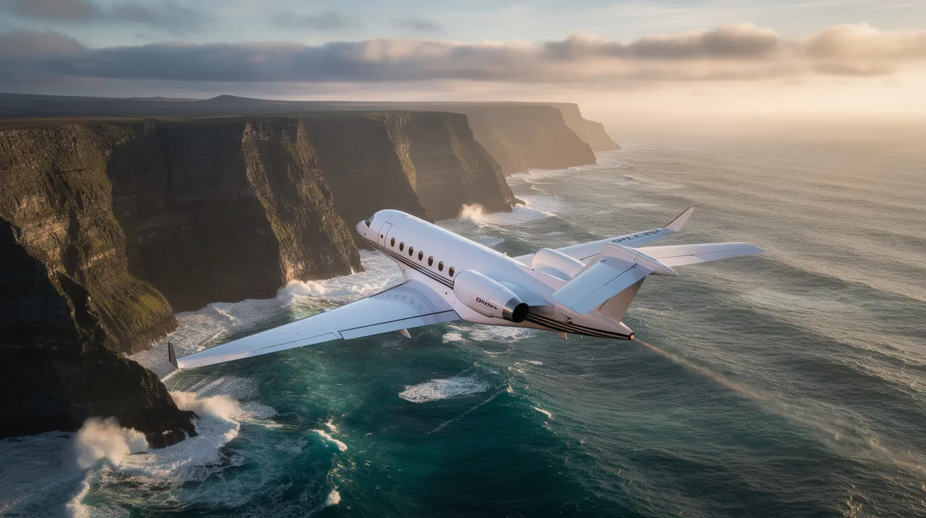 An aerial view captures a small white private jet soaring above a dramatic coastline, showcasing the beauty of private aviation amidst scenic cliffs and ocean waves. This image highlights the allure of luxury travel and the capabilities of modern business jets.