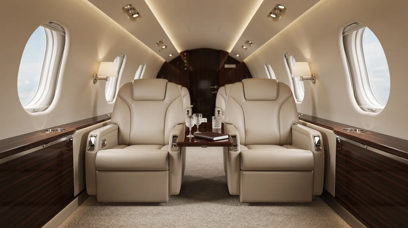 The image depicts the luxurious interior of a private jet cabin, featuring cream leather club seats and elegant wood grain accents, designed for comfort and style in private aviation. This sophisticated setting showcases the high-end amenities typical of business jets, emphasizing the luxury and exclusivity associated with aircraft ownership.