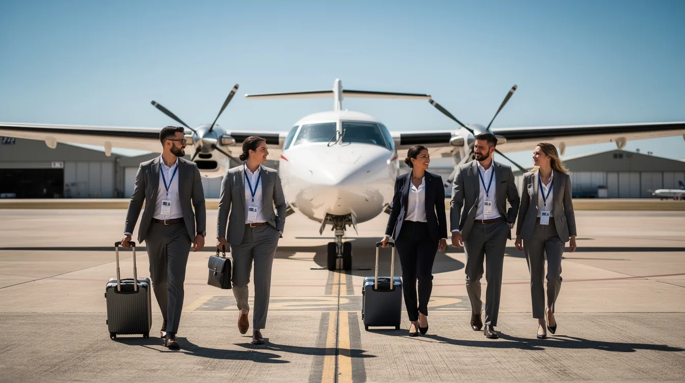 A group of business professionals in formal attire walks across the tarmac towards a twin-engine propeller aircraft, likely a Fairchild model, on a clear day. The aircraft, designed for passenger and cargo transport, features prominent engine nacelles and a sleek fuselage, ready for its next flight.