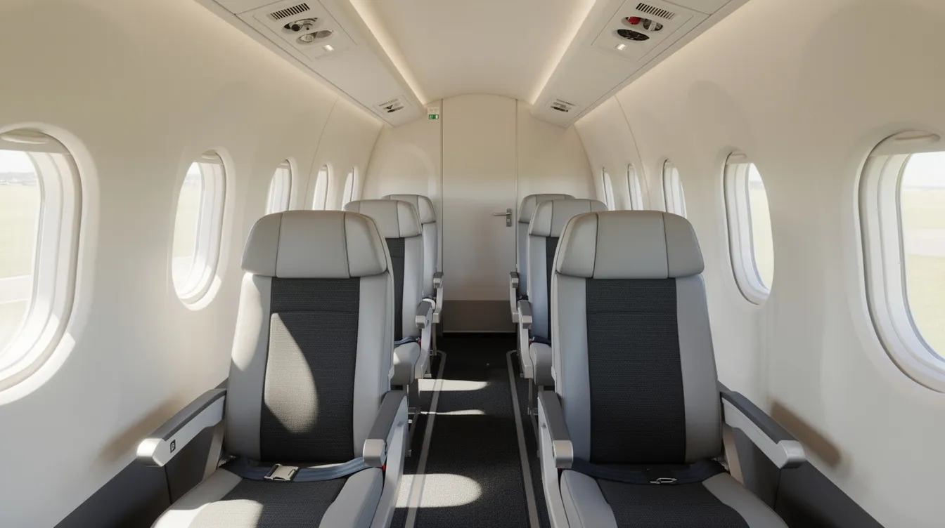 The image depicts the interior of a regional aircraft cabin featuring rows of seats arranged in a two-plus-one configuration, with natural light streaming through the windows, creating a welcoming atmosphere for passengers. This design is characteristic of smaller airliners, providing a comfortable space for both leisure and business travel.