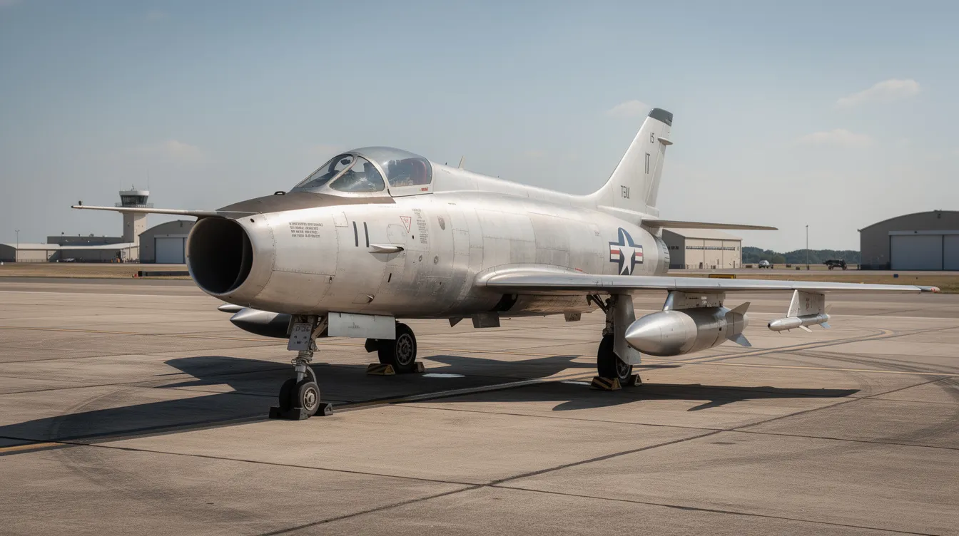 A vintage early jet fighter aircraft is parked on a military airfield runway, showcasing its sleek design and powerful jet engines. This operational jet fighter, reminiscent of the air superiority fighters from the world wars, stands ready for potential air combat against incoming enemy aircraft.