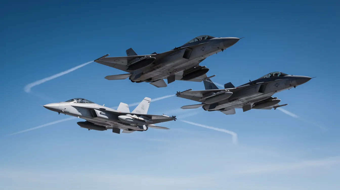 Four modern fighter jets are flying in close formation against a clear blue sky, showcasing their advanced avionics and high-performance capabilities. These operational jet fighters symbolize air superiority, demonstrating their readiness for air combat and potential encounters with enemy aircraft.