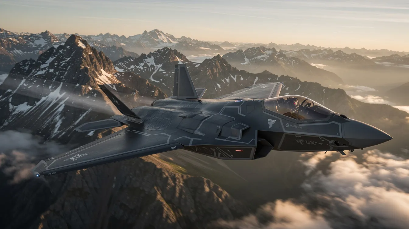 A stealth fighter jet, designed with angular surfaces for reduced radar visibility, soars over rugged mountainous terrain, showcasing its advanced avionics and high-performance capabilities. This modern fighter aircraft exemplifies air superiority, ready for air combat missions against incoming enemy aircraft.