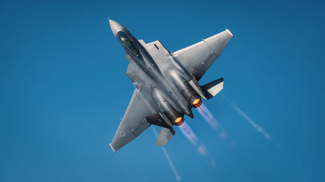 A sleek modern fighter jet, resembling the F-16 Fighting Falcon, is depicted in a steep climb with its afterburners glowing brightly, showcasing its high speed and agility in the skies. This image highlights the advanced capabilities of contemporary fighter jets, emphasizing their role in air superiority and military operations.