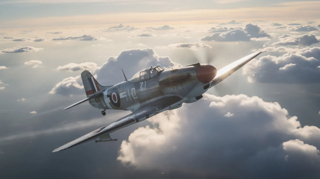 A World War II era propeller fighter aircraft gracefully banks through fluffy white clouds, showcasing its agile design and historical significance in air superiority. The aircraft, reminiscent of the early days of military aviation, highlights the evolution of fighter jets and their pivotal role in aerial combat during the war.