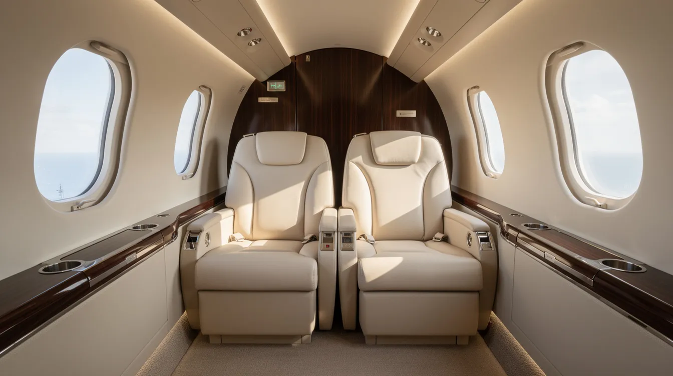 The image depicts the luxurious interior of a private jet cabin, featuring plush leather seats arranged in a club configuration, with natural light flooding in through large windows. This elegant space is perfect for travelers seeking comfort and style while booking flights to London or other popular destinations.