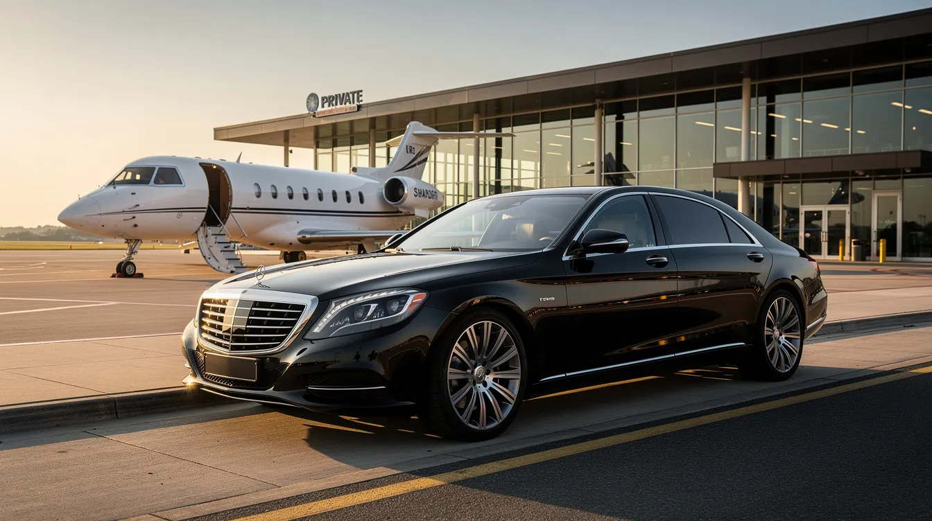 A sleek black luxury sedan is parked outside a private aviation terminal, with a jet in the background, highlighting the convenience of travel for those seeking flights to London. The scene captures the essence of upscale travel, perfect for those looking for direct flights to London or last minute flight deals.