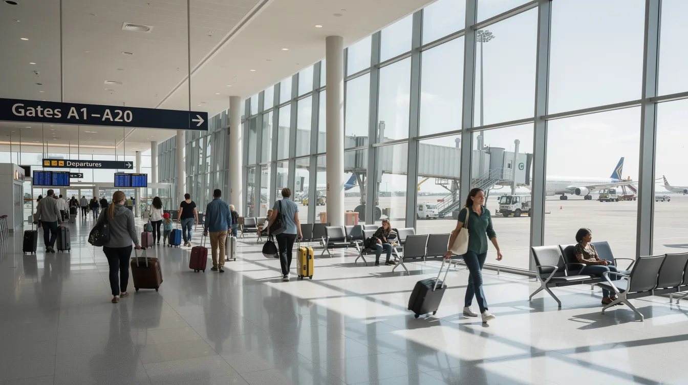 A bustling modern airport terminal features travelers walking past large windows that offer a view of the tarmac, highlighting the dynamic atmosphere of air travel. This scene captures the essence of booking flights, whether for domestic or international travel, as people navigate their way to catch their flights amidst the ever-changing flight prices.