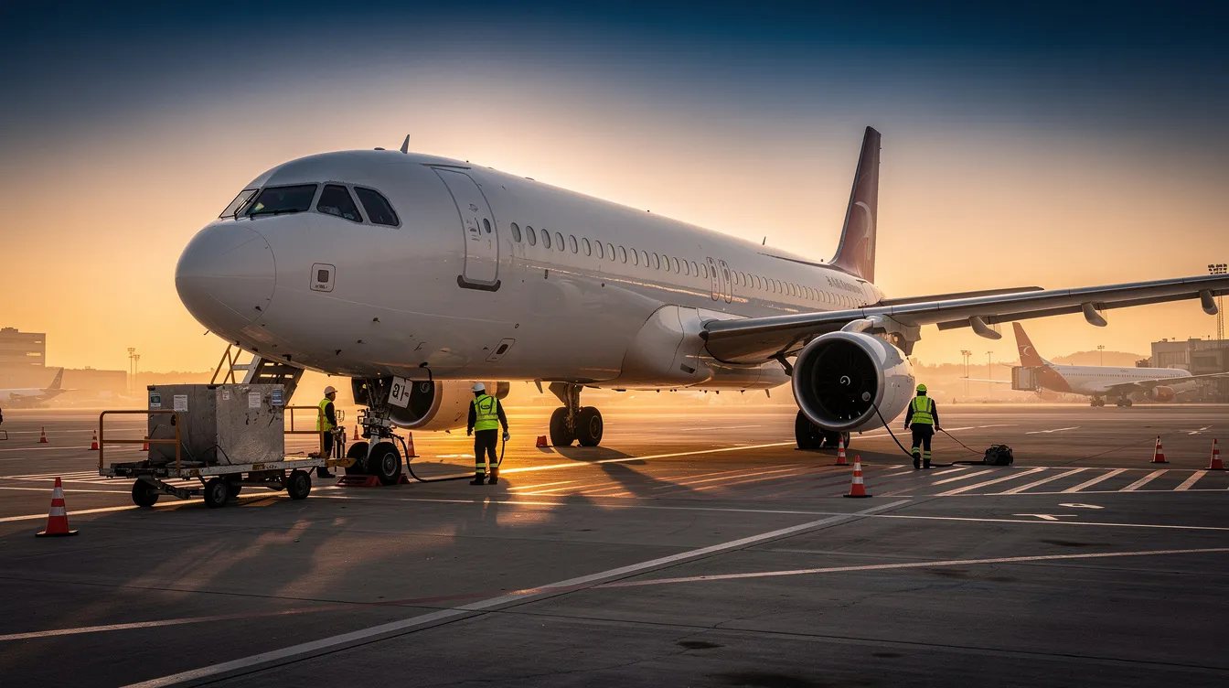 A commercial airplane sits on the tarmac at sunrise, with the ground crew preparing it for departure; no passengers are visible. This scene captures the essence of domestic travel as the aircraft is ready for upcoming flights, highlighting the importance of planning ahead for the best airfare prices.