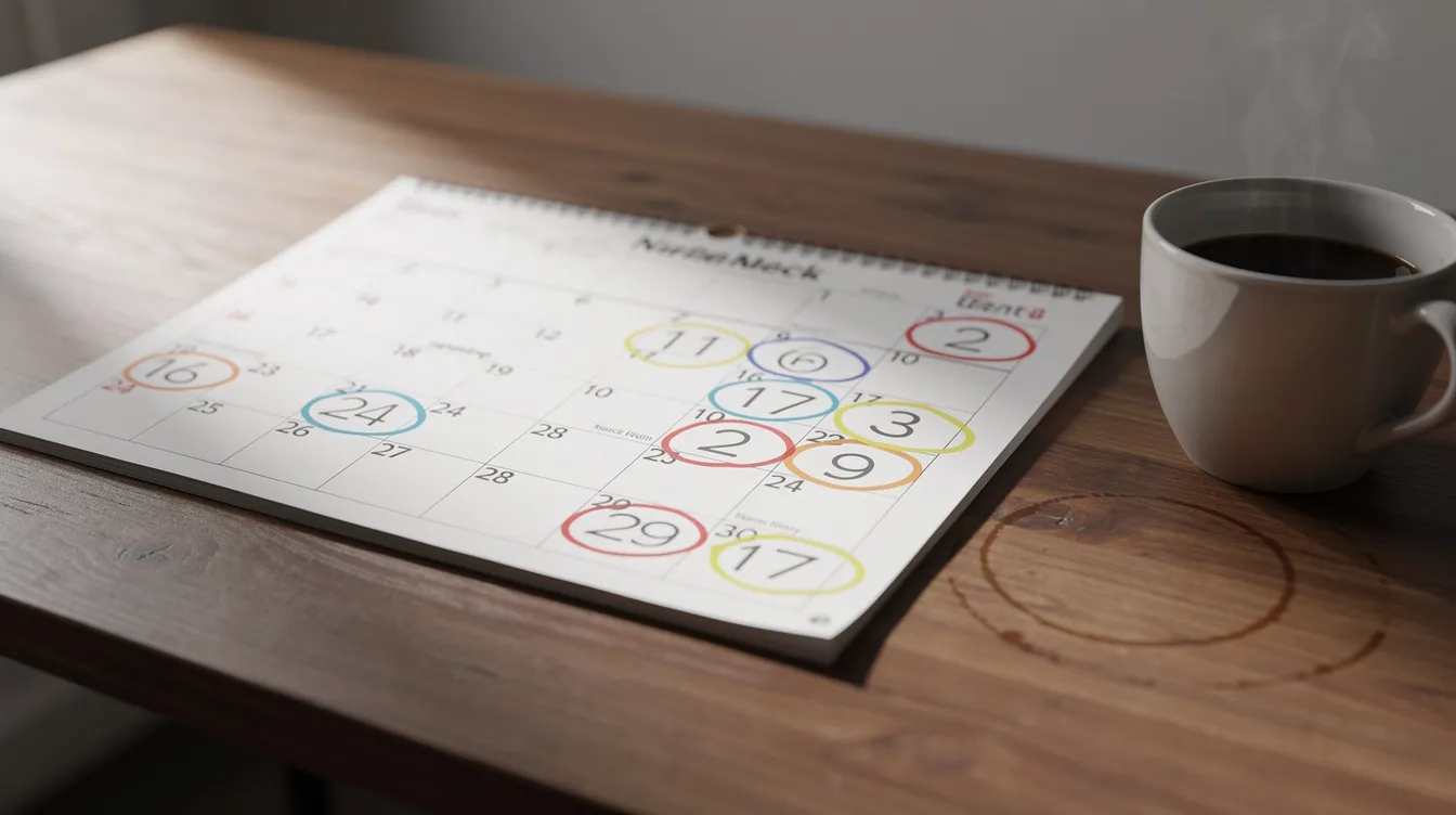 The image shows a wall calendar resting on a wooden desk, with several months circled and highlighted to indicate the best times to book flights for cheaper fares. Next to the calendar, a coffee cup adds a cozy touch, suggesting a moment of planning for upcoming domestic or international travel.