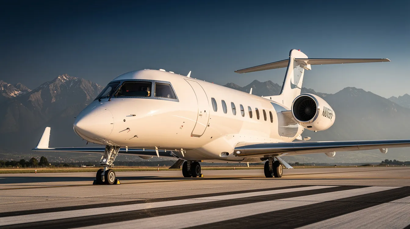 A sleek private jet is parked on a runway under a clear blue sky, with majestic mountains visible in the background, symbolizing luxury travel and the allure of booking flights for international trips. This image evokes the idea of planning ahead for cheaper flights and exploring popular destinations.