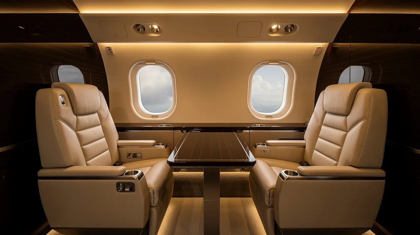 The image shows the interior of a modern private jet cabin, featuring luxurious leather seats and soft ambient lighting, designed for comfort and elegance. This inviting space is ideal for private jet travelers embarking on flights to destinations like Berlin, providing a sophisticated atmosphere for both leisure and business trips.